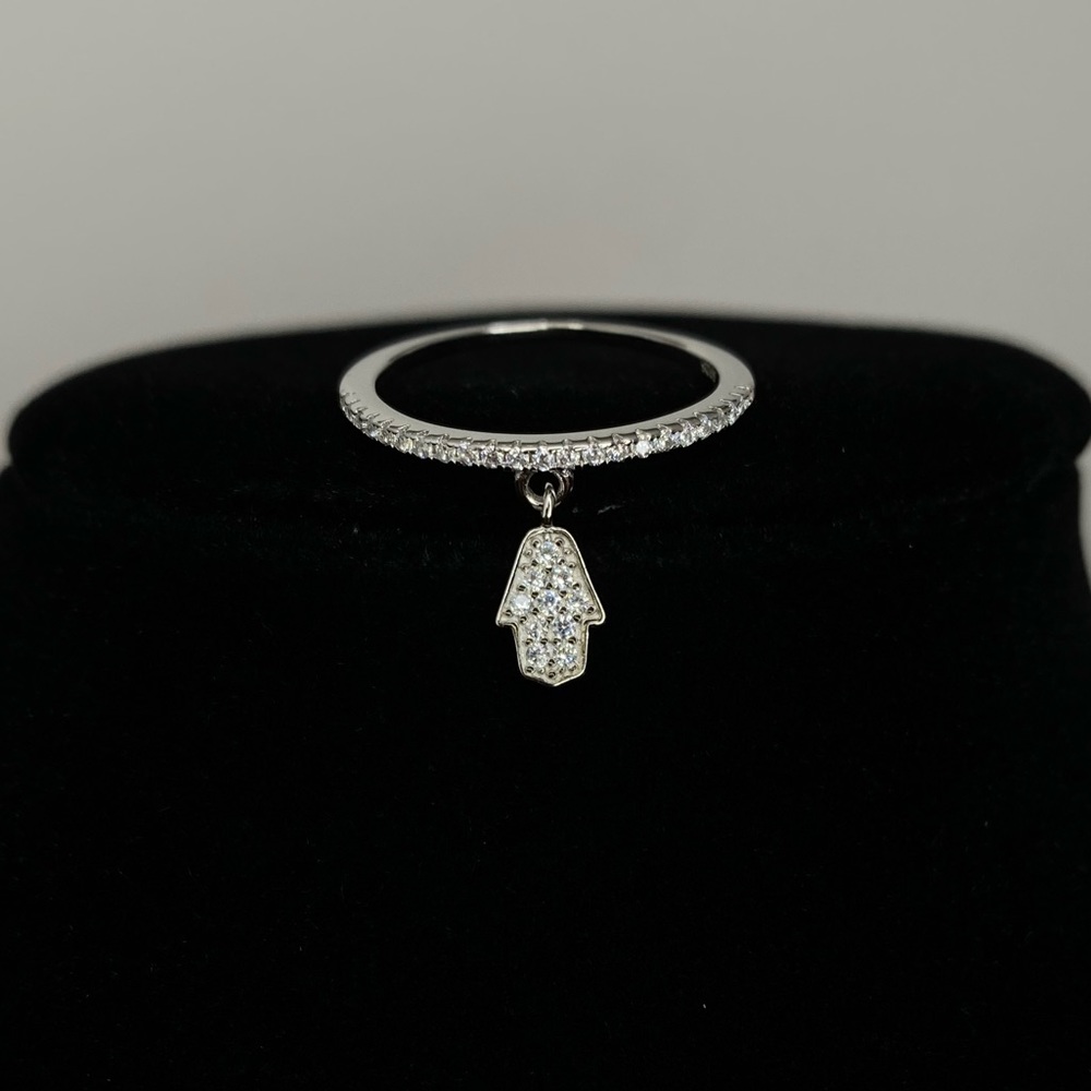 925 Sterling Silver cz dangling hamsa ring